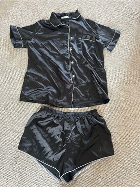 Silky Black Short Sleeve Button Pajama Set - Brand Unspecified